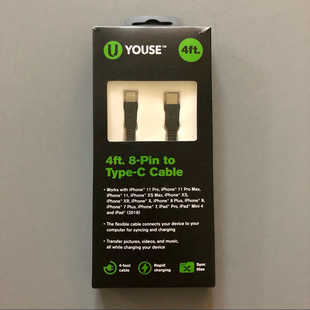 Youse Black 4 ft 8 Pin to Type-C Charging Cable NWT
